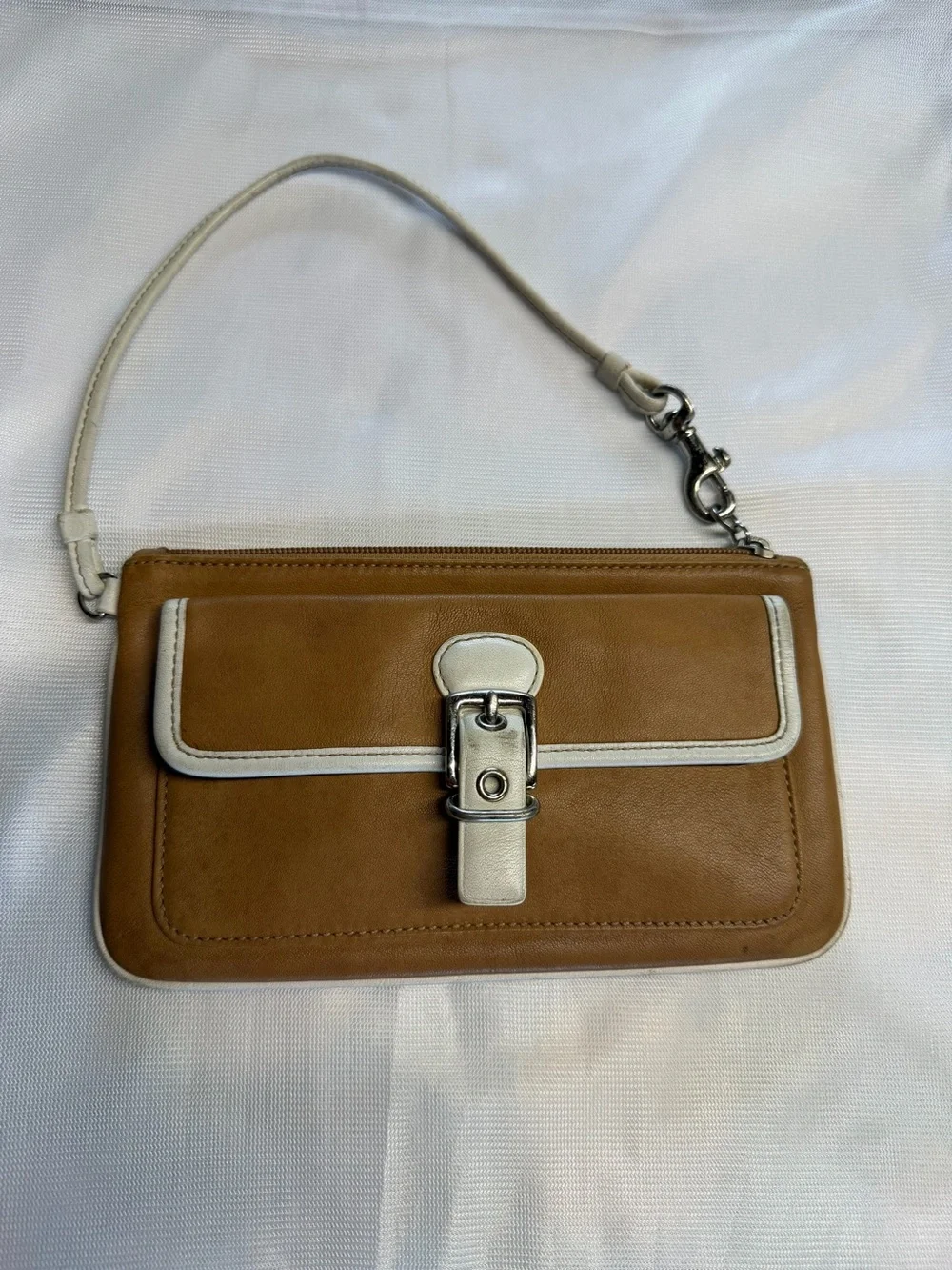 Coach Vintage Y2K Tan Leather & White Trim Wristlet with Signature C Lining